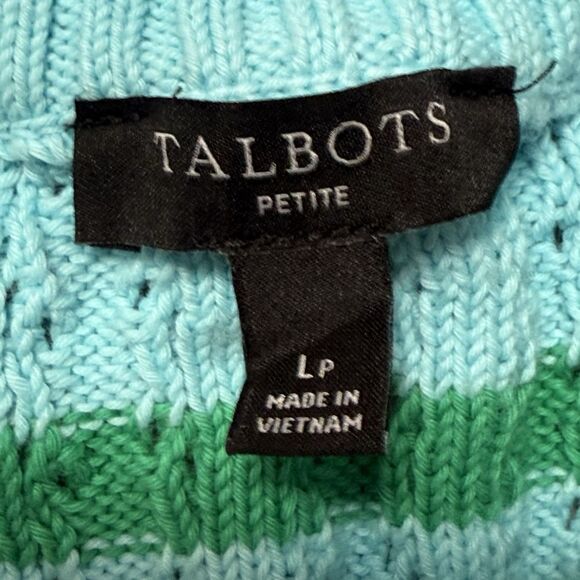 Talbots Twinset Cardigan Womens Size Large Petite Turquoise Green Stripes - Picture 4 of 11